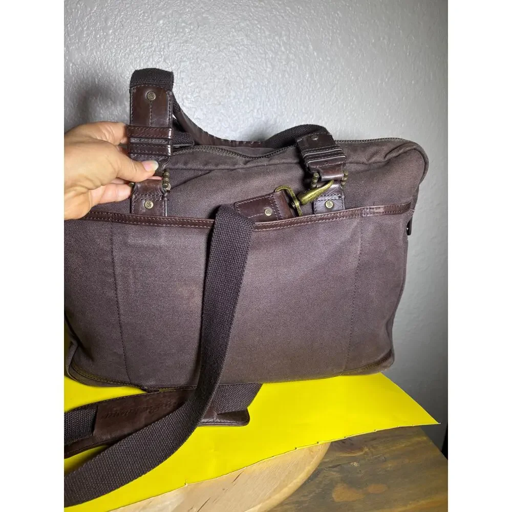 Tommy Bahama Tobago Briefcase Laptop Bag Canvas & Leather Carry Strap Map Lining